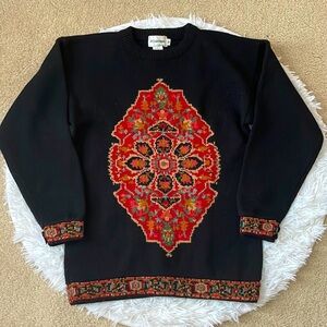 Vintage JH Collectibles Black Sweater with Red and Green Pattern